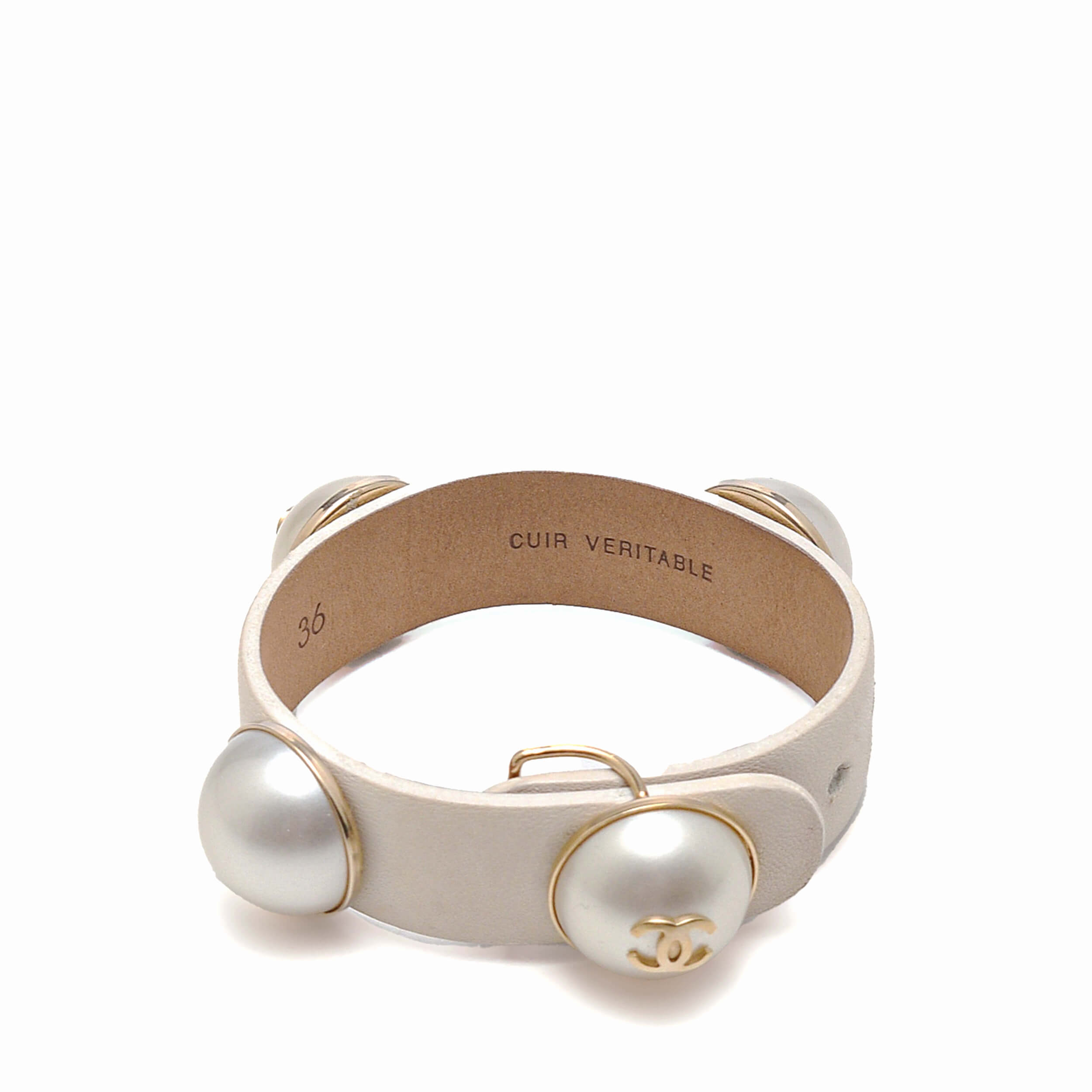 Chanel - White Leather Large Pearl CC Bracelet
